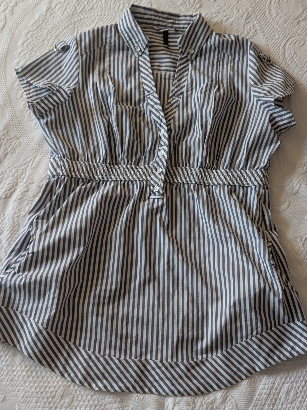 Woolworths Vintage Striped Short-Sleeve V-Neck Blouse with Braided Waist